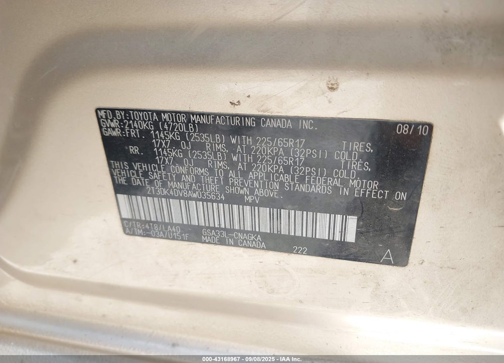 2010 TOYOTA RAV4 VIN: 2T3DK4DV8AW035634
