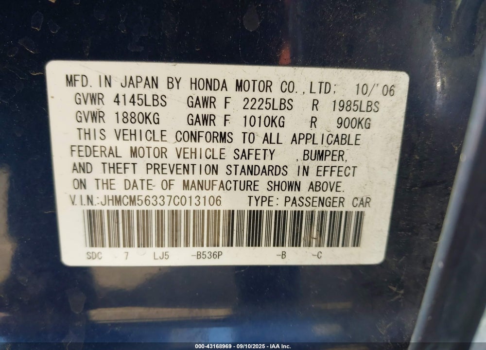 2007 HONDA ACCORD 2.4 SE VIN: JHMCM56337C013106