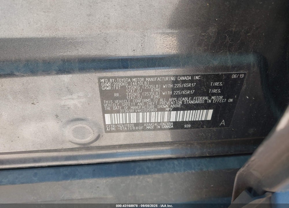 2019 TOYOTA RAV4 VIN: 2T3G1RFV4KC025969