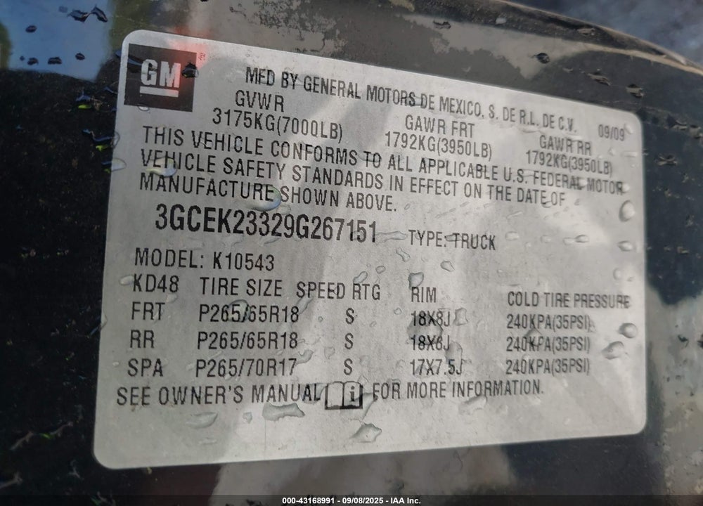 2009 CHEVROLET SILVERADO 1500 VIN: 3GCEK23329G267151