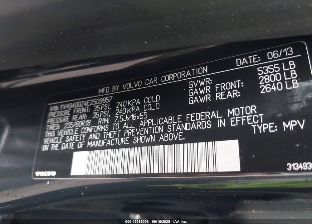 2014 VOLVO XC60 VIN: YV4940DZ4E2509957