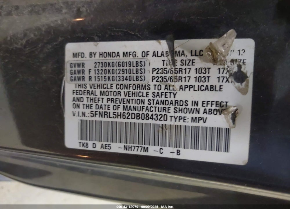 2013 HONDA ODYSSEY EX-L VIN: 5FNRL5H62DB084320