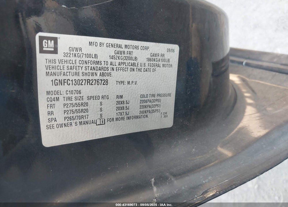 2007 CHEVROLET TAHOE LTZ VIN: 1GNFC13027R276728