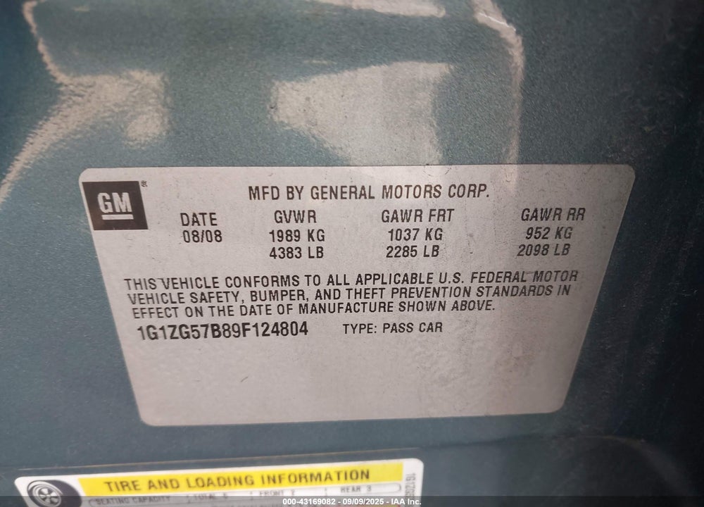 2009 CHEVROLET MALIBU VIN: 1G1ZG57B89F124804