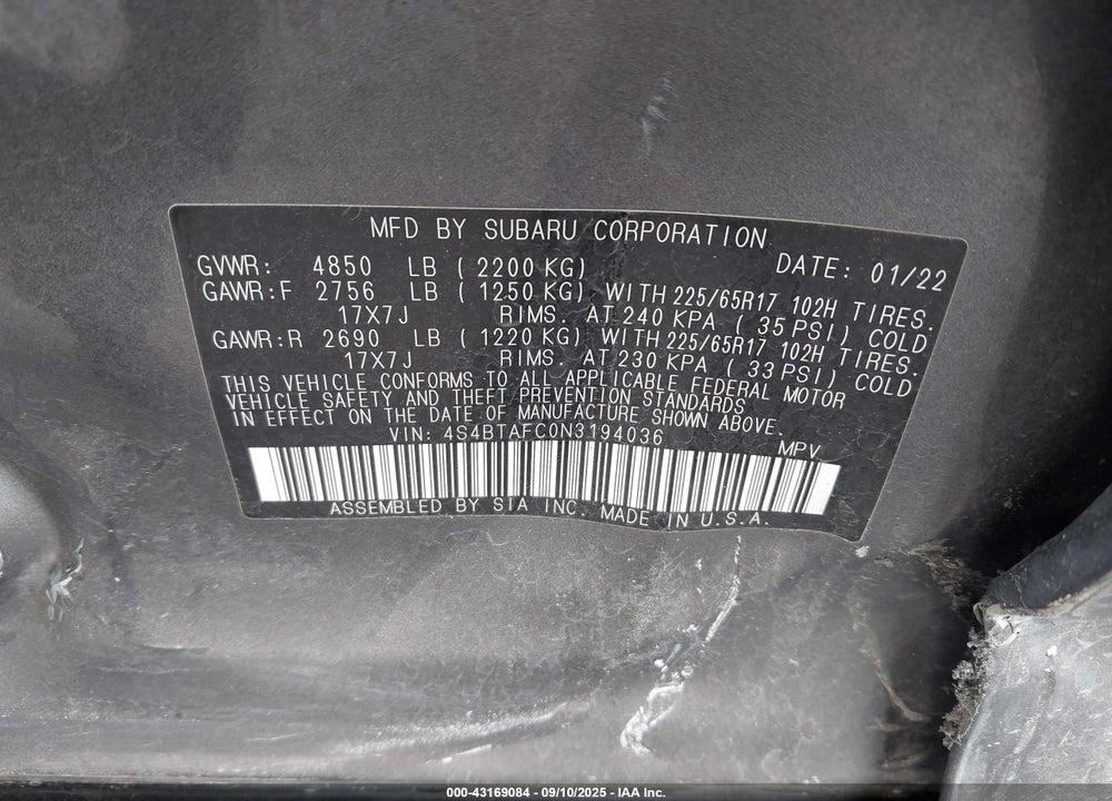 2022 SUBARU OUTBACK VIN: 4S4BTAFC0N3194036