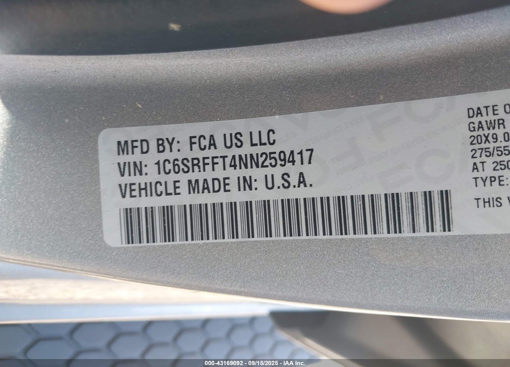 2022 RAM 1500 VIN: 1C6SRFFT4NN259417
