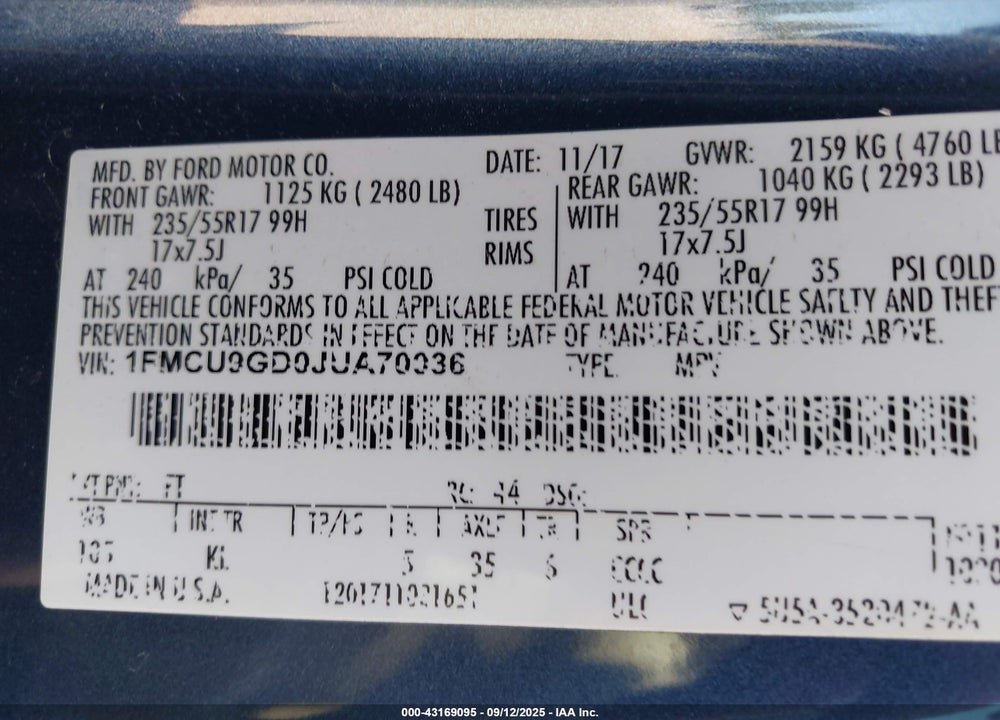 2018 FORD ESCAPE SE VIN: 1FMCU9GD0JUA70036