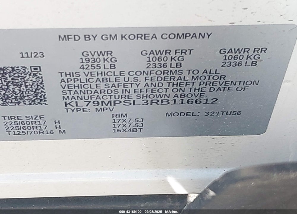 2024 CHEVROLET TRAILBLAZER VIN: KL79MPSL3RB116612