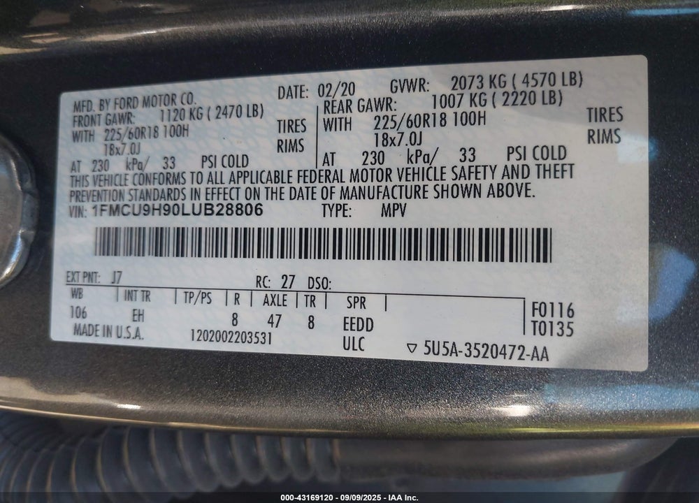 2020 FORD ESCAPE VIN: 1FMCU9H90LUB28806