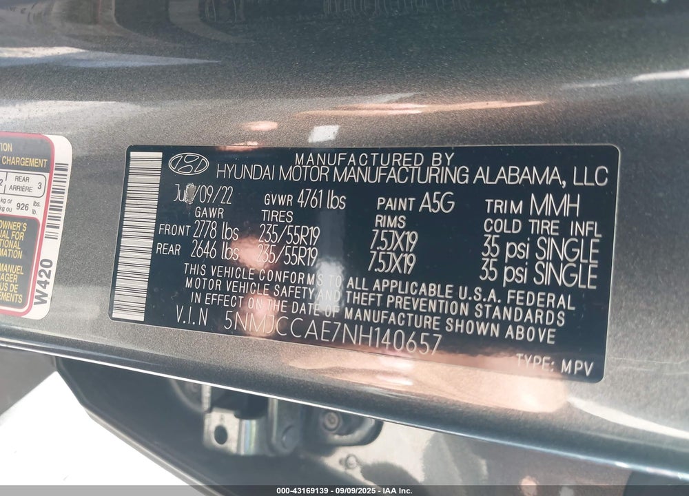 2022 HYUNDAI TUCSON SEL VIN: 5NMJCCAE7NH140657