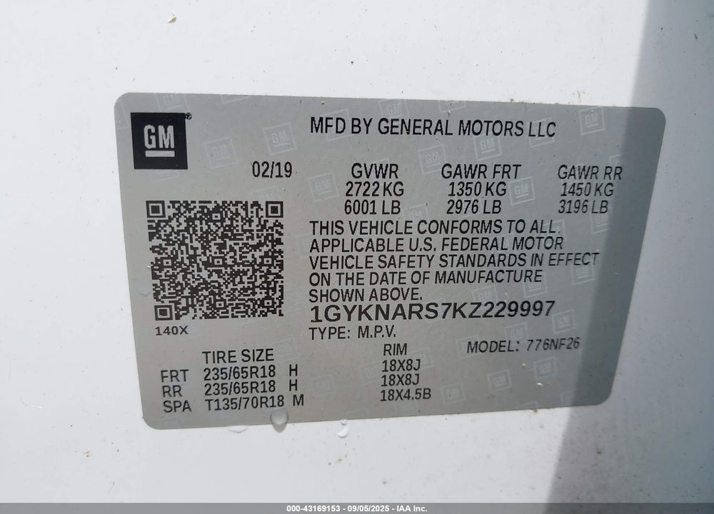 2019 CADILLAC XT5 VIN: 1GYKNARS7KZ229997