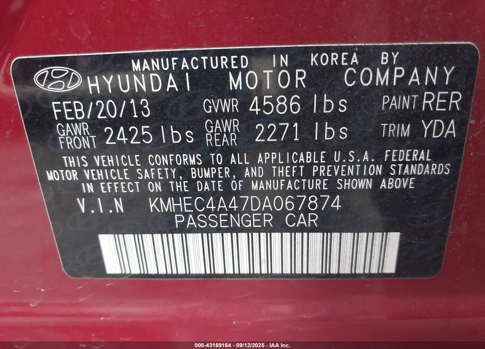 2013 HYUNDAI SONATA HYBRID VIN: KMHEC4A47DA067874