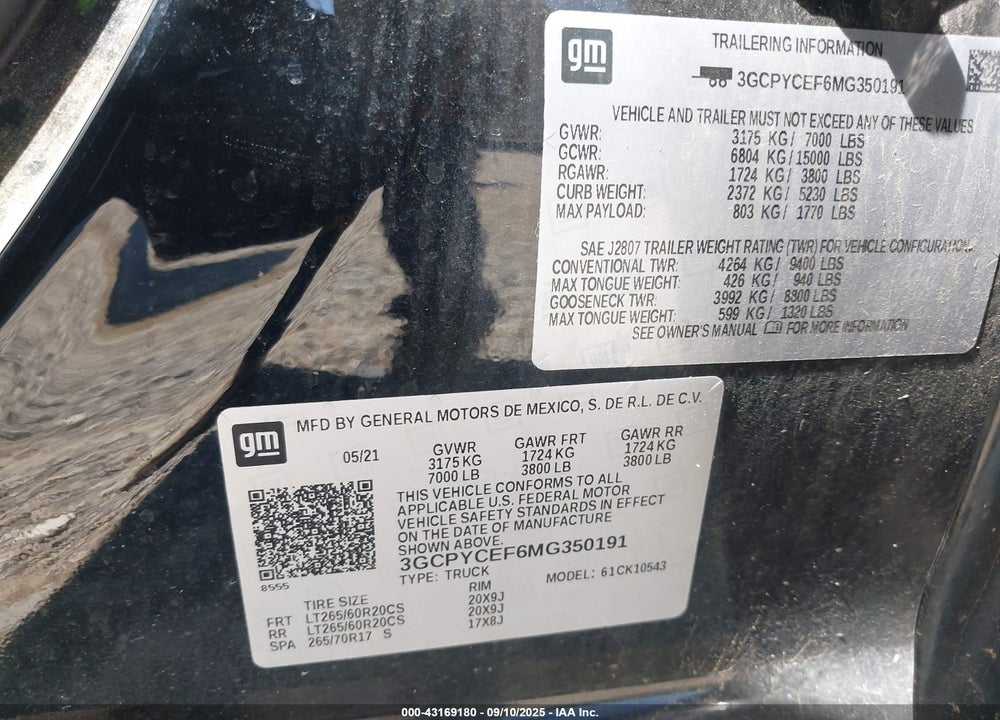 2021 CHEVROLET SILVERADO 1500 VIN: 3GCPYCEF6MG350191