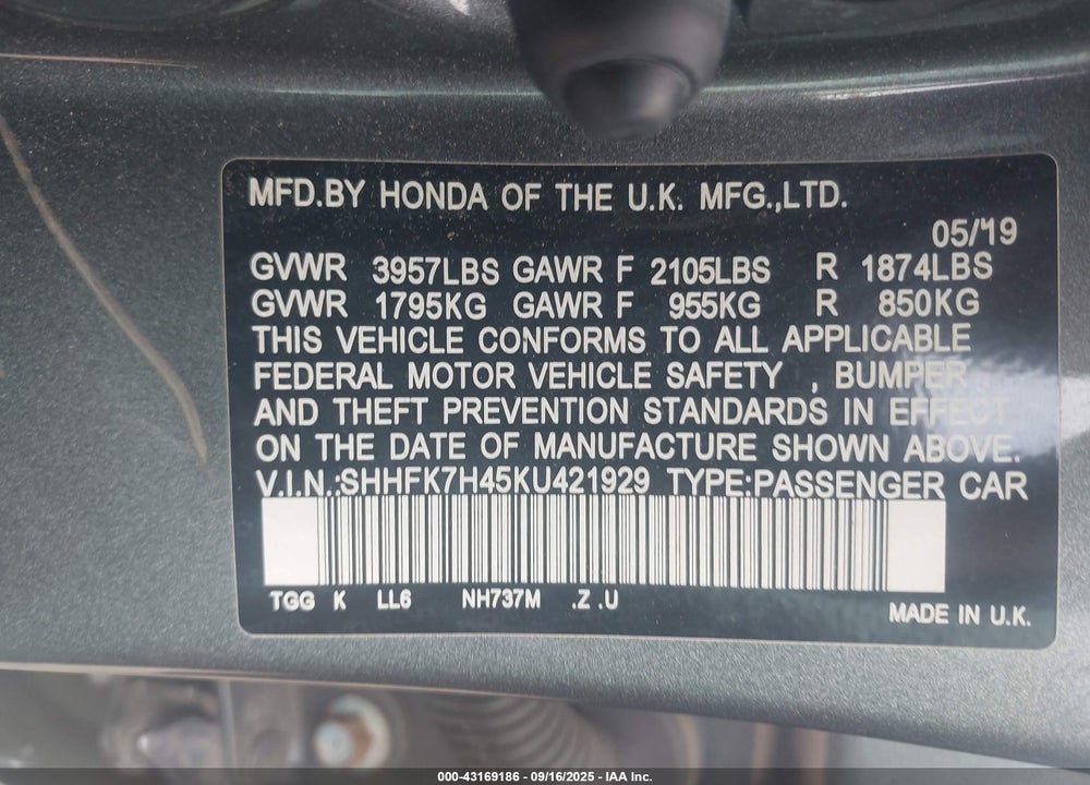 2019 HONDA CIVIC SPORT VIN: SHHFK7H45KU421929