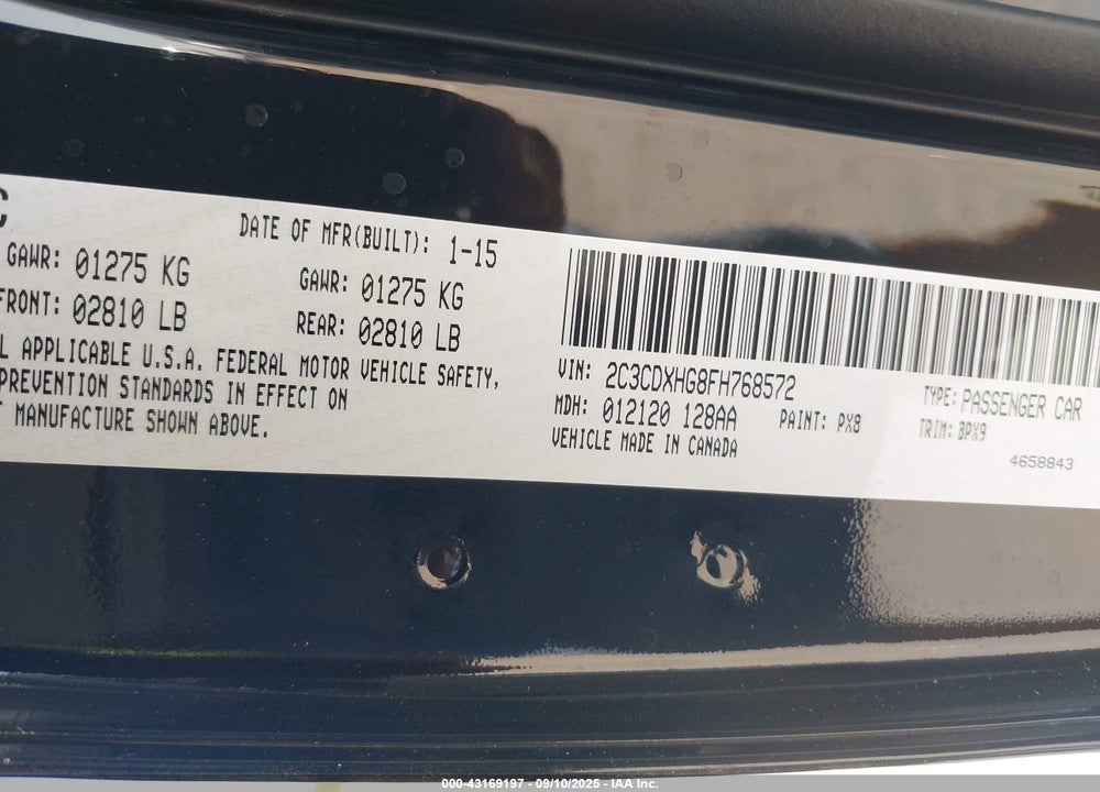 2015 DODGE CHARGER VIN: 2C3CDXHG8FH768572