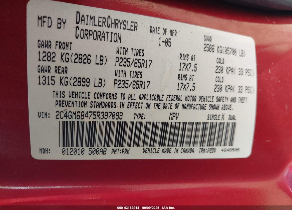 2005 CHRYSLER PACIFICA TOURING VIN: 2C4GM68475R397099