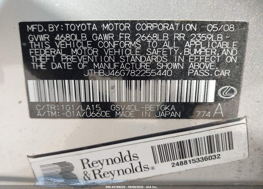 2008 LEXUS ES 350 VIN: JTHBJ46G782255440