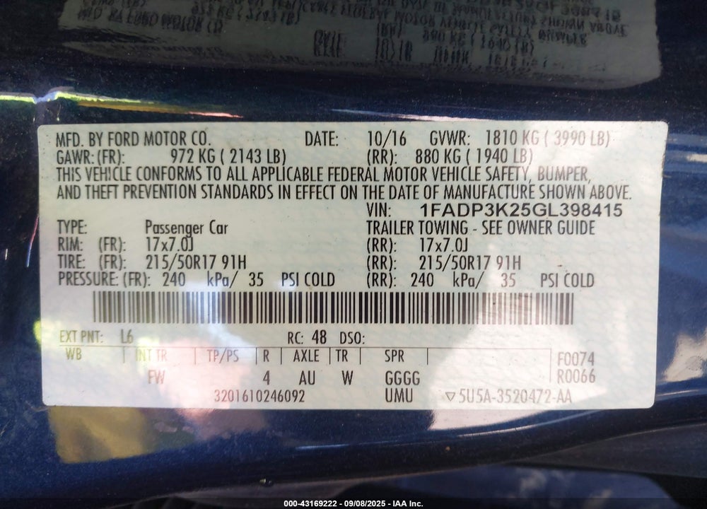 2016 FORD FOCUS VIN: 1FADP3K25GL398415