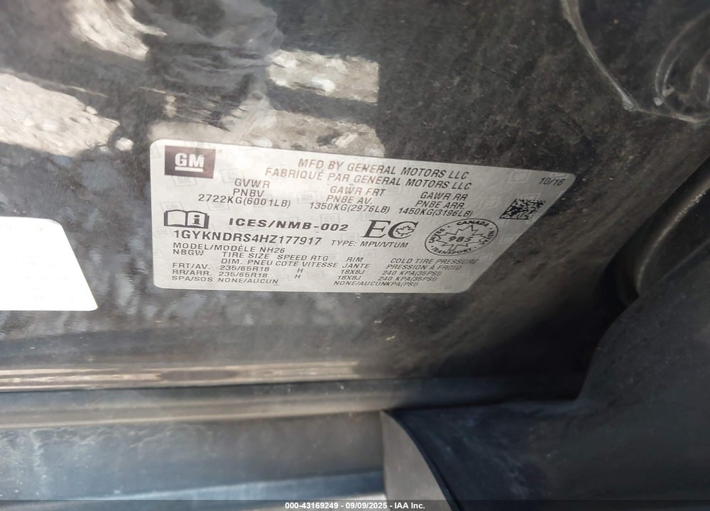 2017 CADILLAC XT5 VIN: 1GYKNDRS4HZ177917