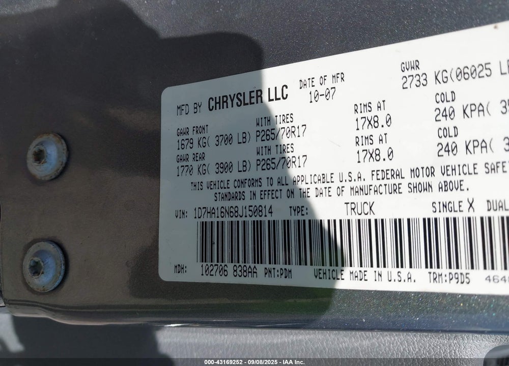 2008 DODGE RAM 1500 SLT VIN: 1D7HA16N68J150814