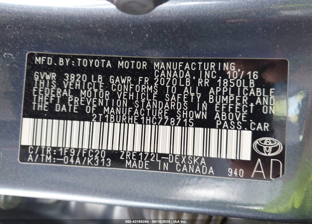 2017 TOYOTA COROLLA VIN: 2T1BURHE1HC778715