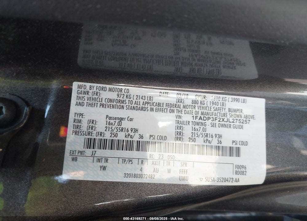 2018 FORD FOCUS VIN: 1FADP3F2XJL275257