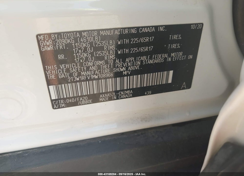 2021 TOYOTA RAV4 VIN: 2T3W1RFV1MW108966