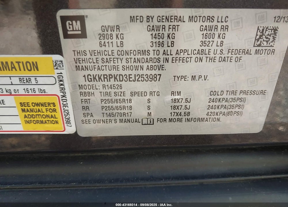 2014 GMC ACADIA VIN: 1GKKRPKD3EJ253987