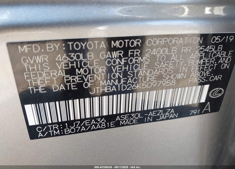 2019 LEXUS IS 300 VIN: JTHBA1D26K5097958