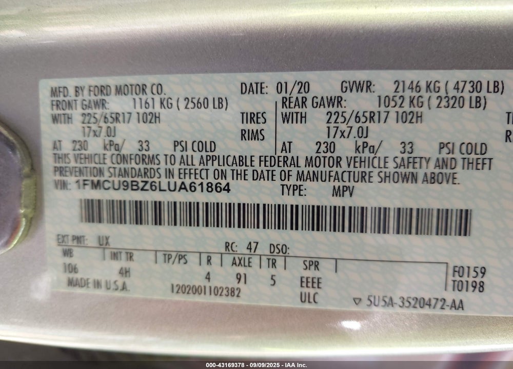 2020 FORD ESCAPE VIN: 1FMCU9BZ6LUA61864