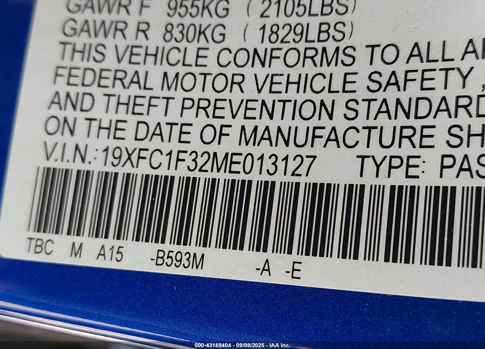 2021 HONDA CIVIC VIN: 19XFC1F32ME013127