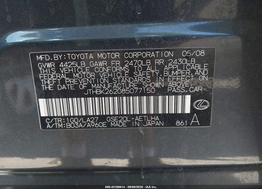 2008 LEXUS IS 250 VIN: JTHBK262085077150