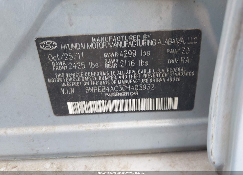 2012 HYUNDAI SONATA VIN: 5NPEB4AC3CH403932