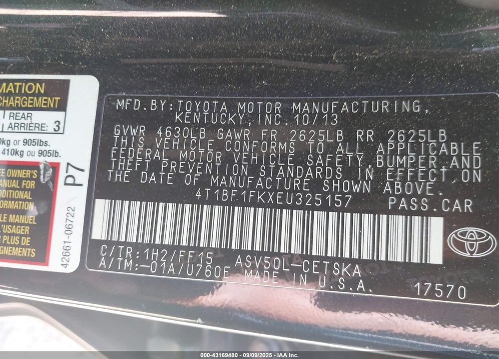 2014 TOYOTA CAMRY SE VIN: 4T1BF1FKXEU325157