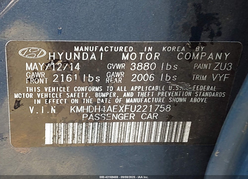 2015 HYUNDAI ELANTRA SE VIN: KMHDH4AEXFU221758