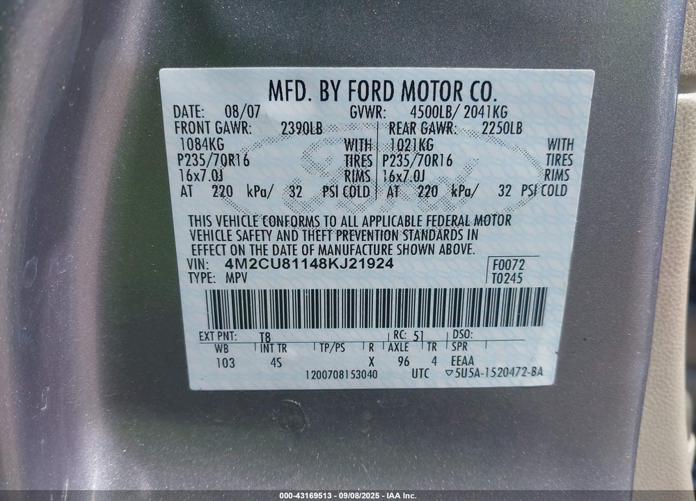 2008 MERCURY MARINER V6 VIN: 4M2CU81148KJ21924