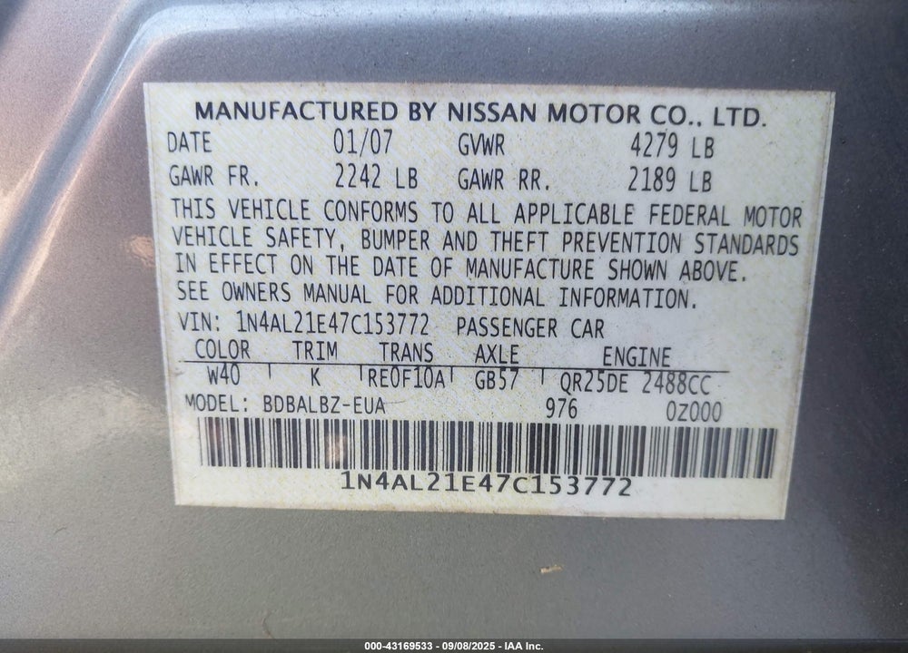 2007 NISSAN ALTIMA 2.5 S VIN: 1N4AL21E47C153772