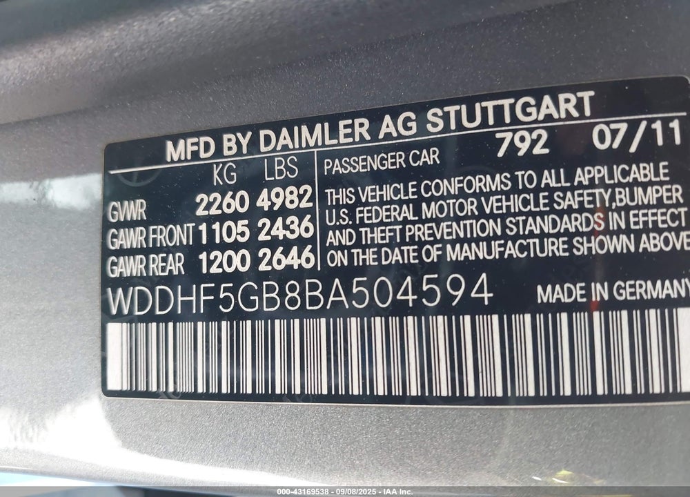 2011 MERCEDES-BENZ E 350 VIN: WDDHF5GB8BA504594