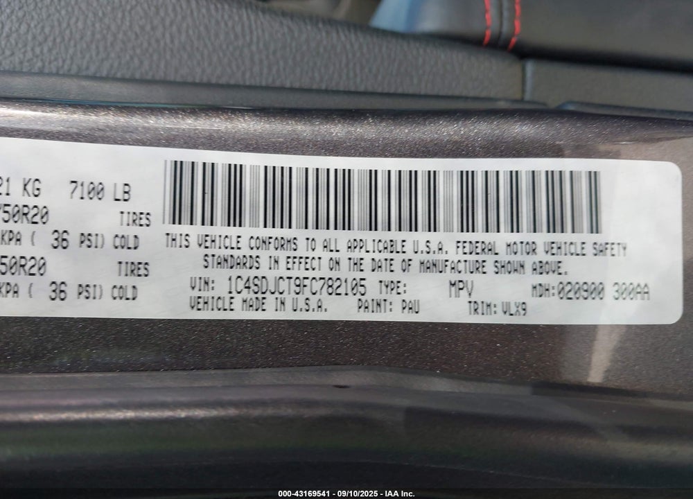 2015 DODGE DURANGO VIN: 1C4SDJCT9FC782105