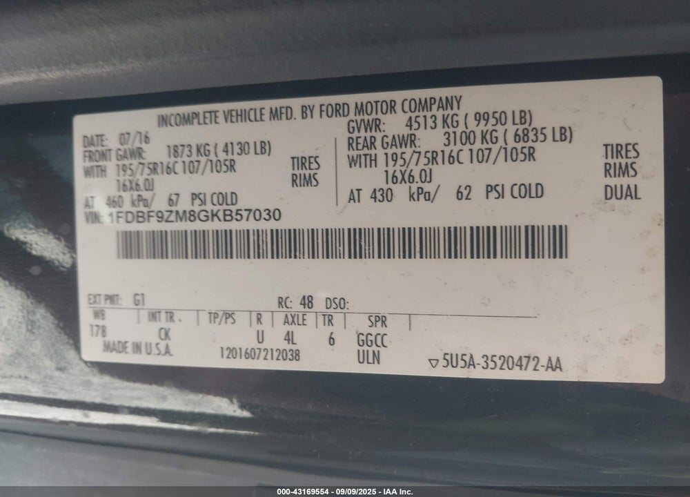 2016 FORD TRANSIT-350 VIN: 1FDBF9ZM8GKB57030