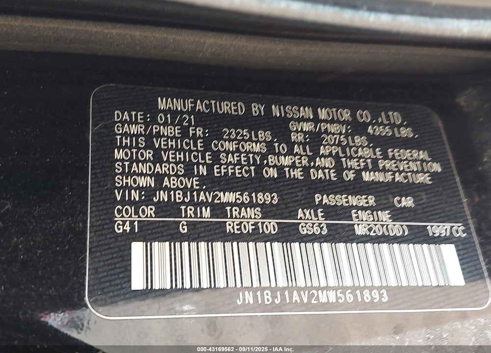 2021 NISSAN ROGUE SPORT VIN: JN1BJ1AV2MW561893