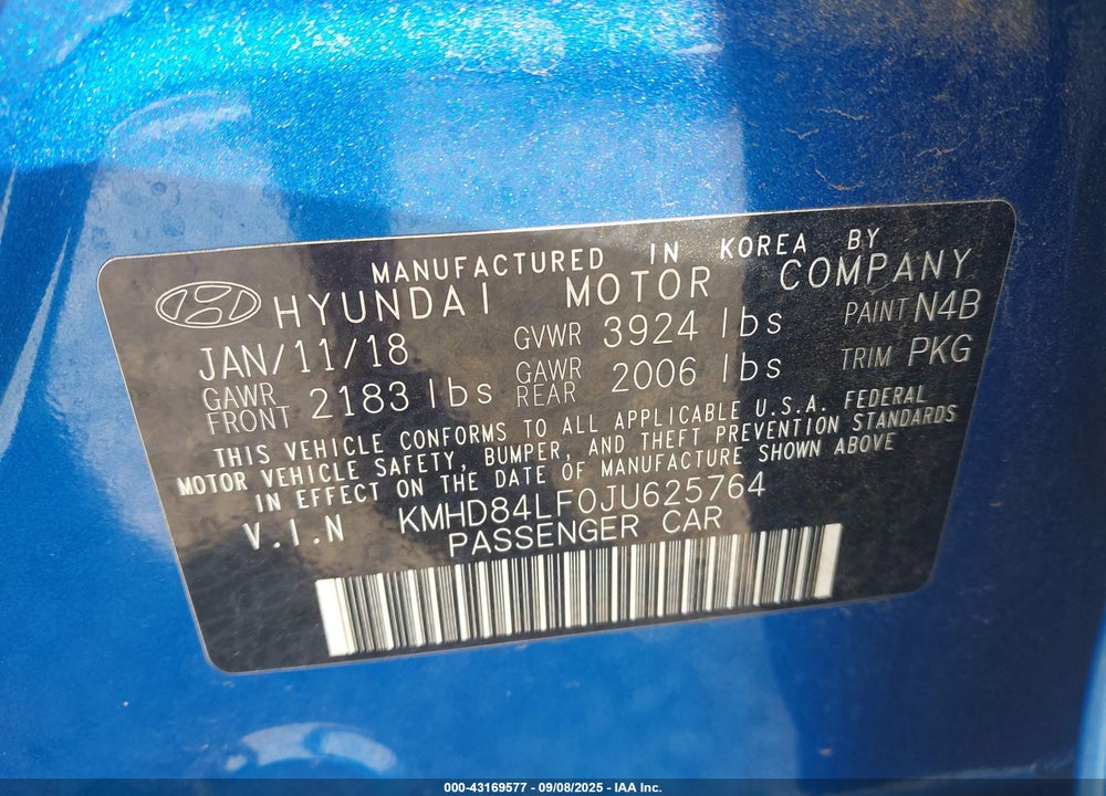 2018 HYUNDAI ELANTRA SEL VIN: KMHD84LF0JU625764