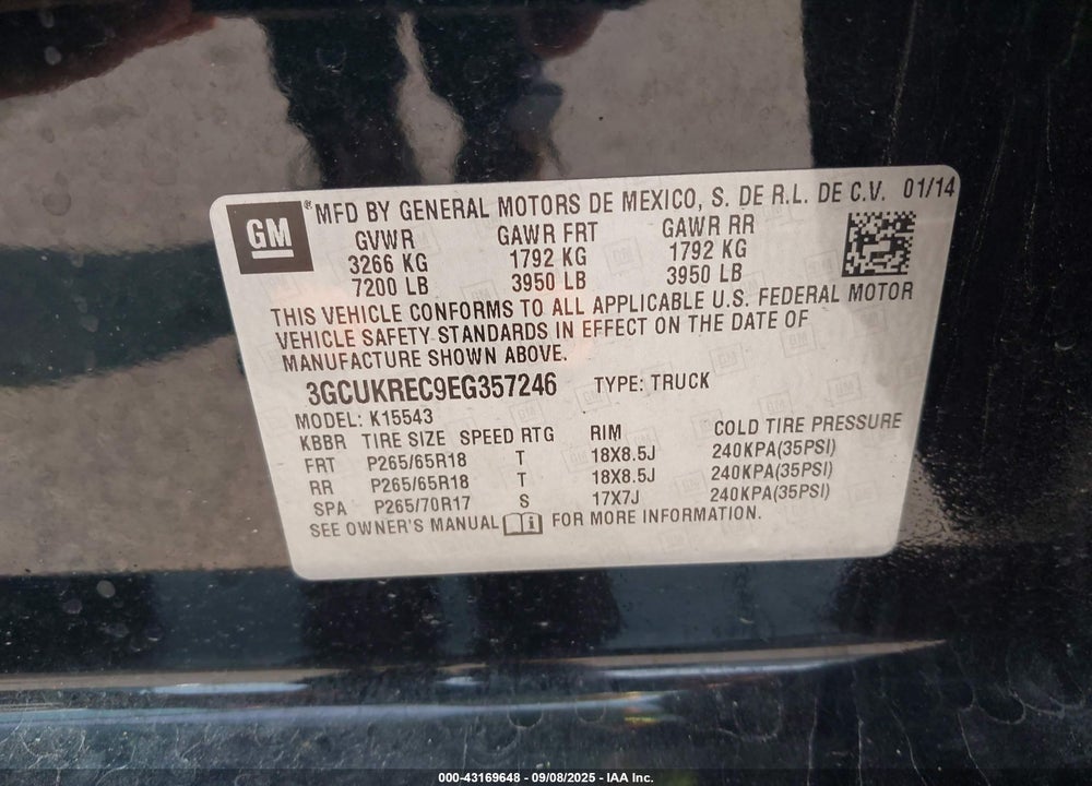 2014 CHEVROLET SILVERADO 1500 VIN: 3GCUKREC9EG357246