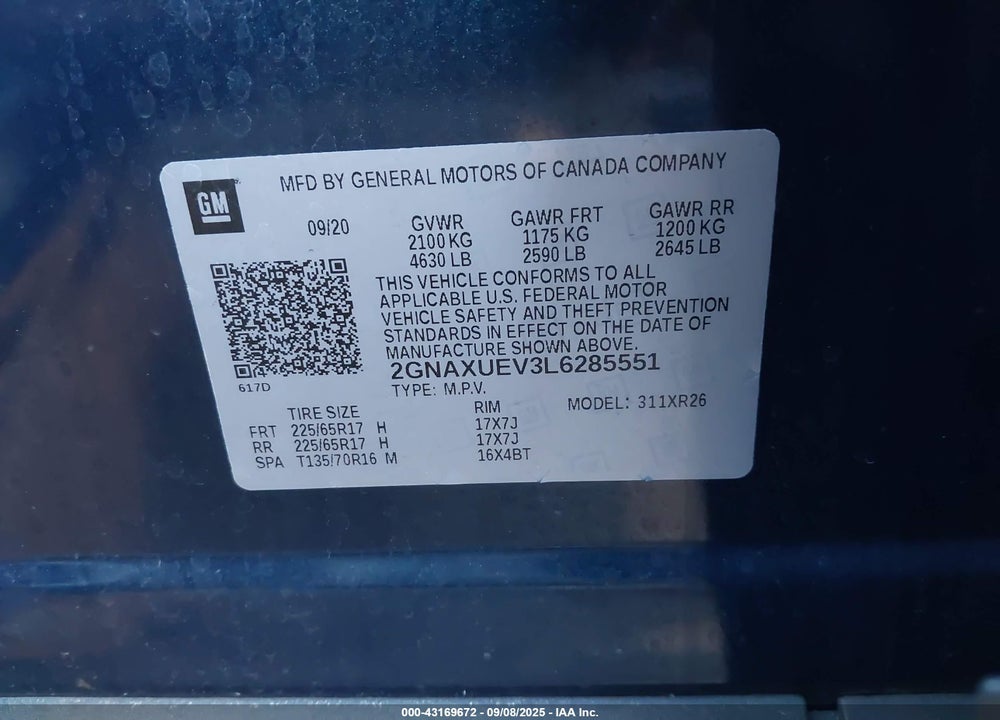 2020 CHEVROLET EQUINOX VIN: 2GNAXUEV3L6285551