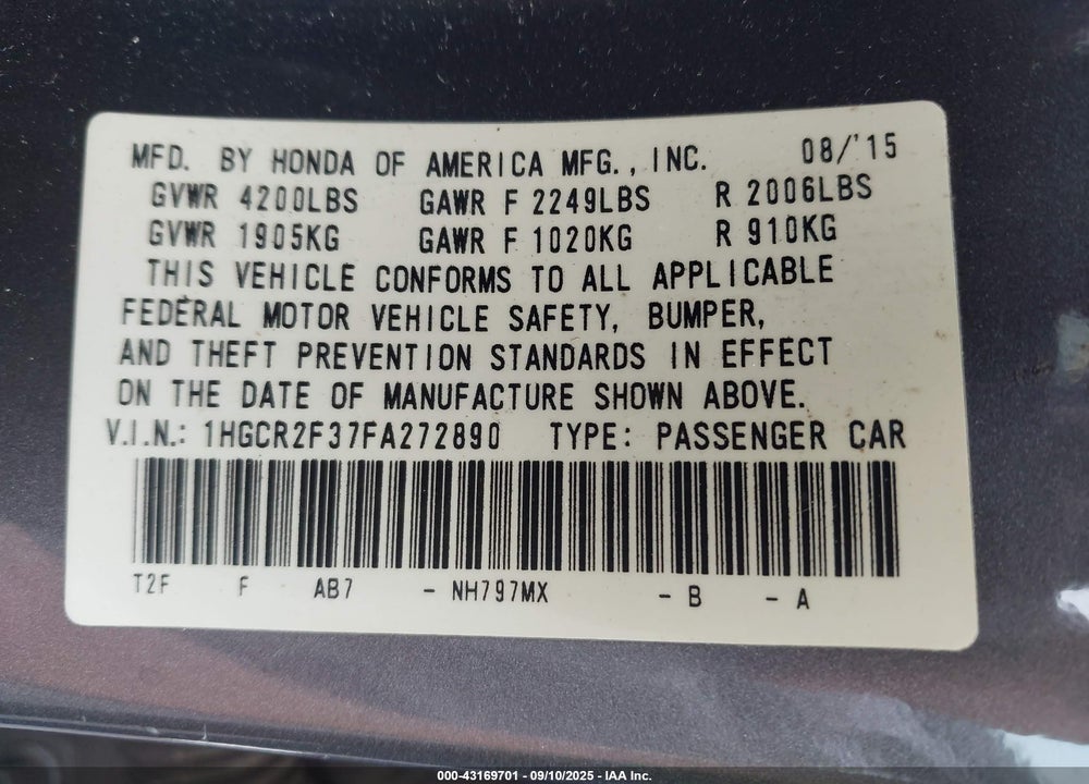 2015 HONDA ACCORD VIN: 1HGCR2F37FA272890
