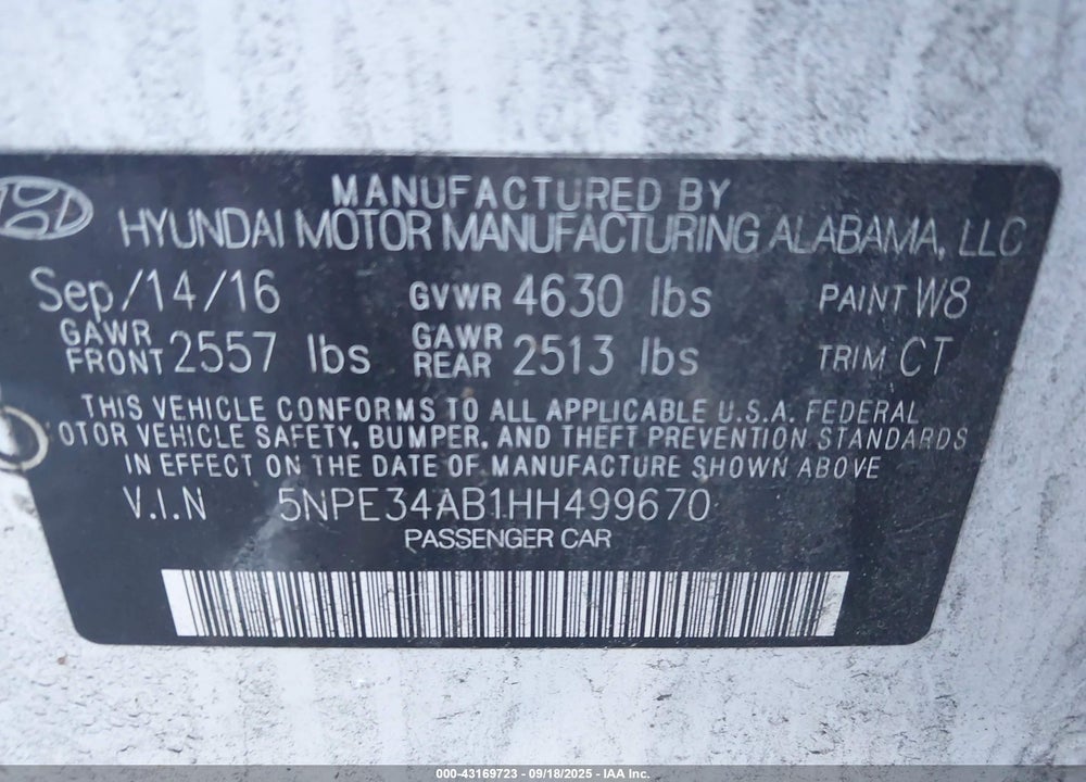 2017 HYUNDAI SONATA VIN: 5NPE34AB1HH499670
