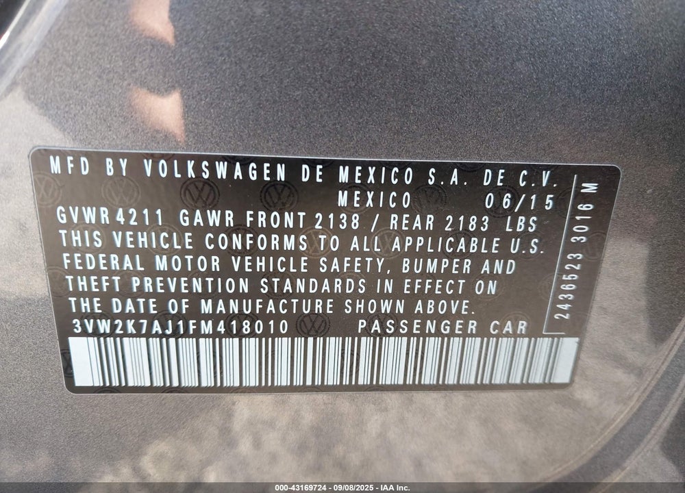 2015 VOLKSWAGEN JETTA VIN: 3VW2K7AJ1FM418010