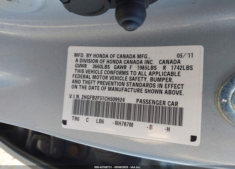 2012 HONDA CIVIC VIN: 2HGFB2F51CH509924