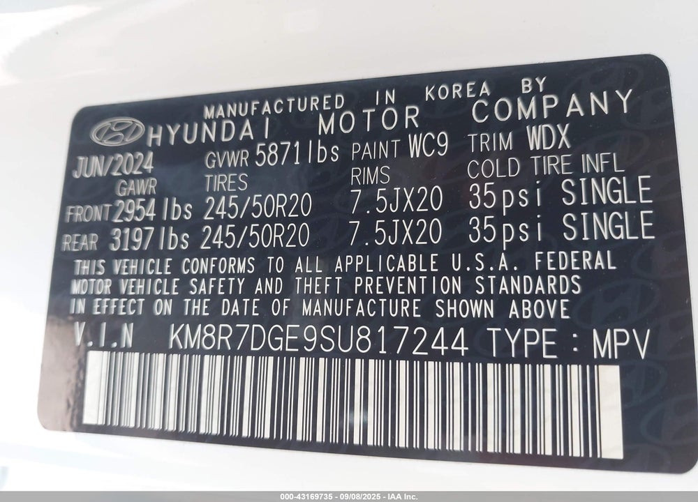 2025 HYUNDAI PALISADE CALLIGRAPHY VIN: KM8R7DGE9SU817244