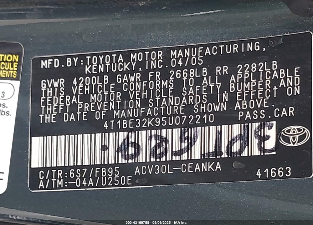 2005 TOYOTA CAMRY LE VIN: 4T1BE32K95U072210
